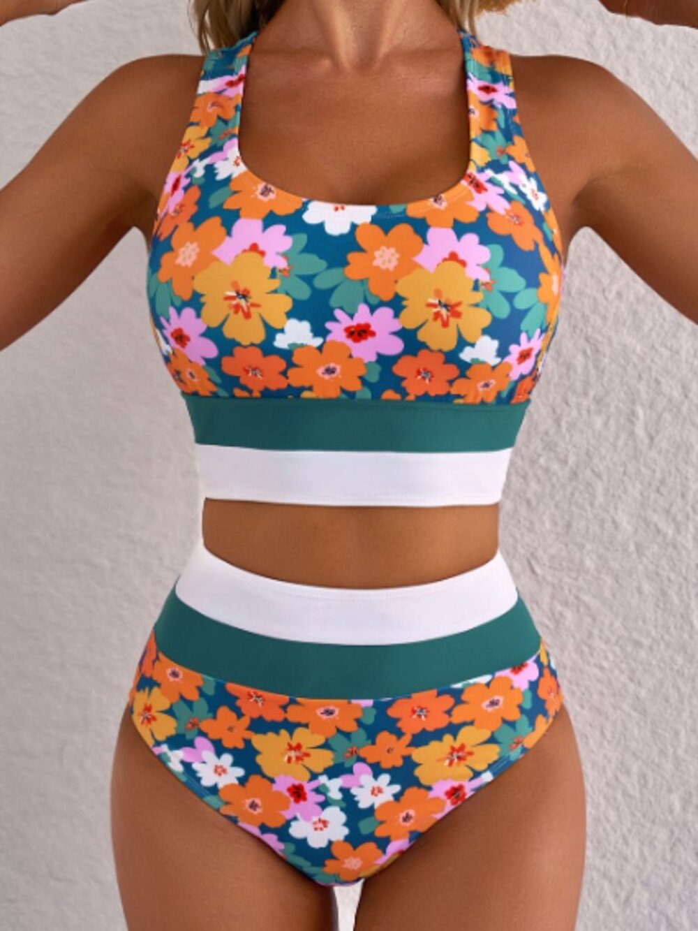Dearlove Green Floral Print Racerback Cutout High Waist 2pcs Bikini
